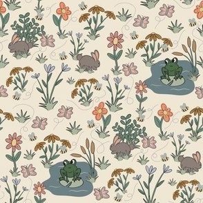 prairie flowers and bunnies with pond