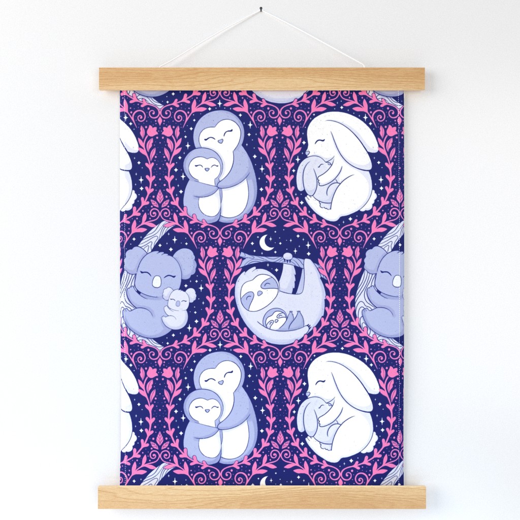  Mother’s love, Mother’s Day design  pink and dark blue - cute animals  - bunny -koala - penguin - sloth - home decor - party - floral.