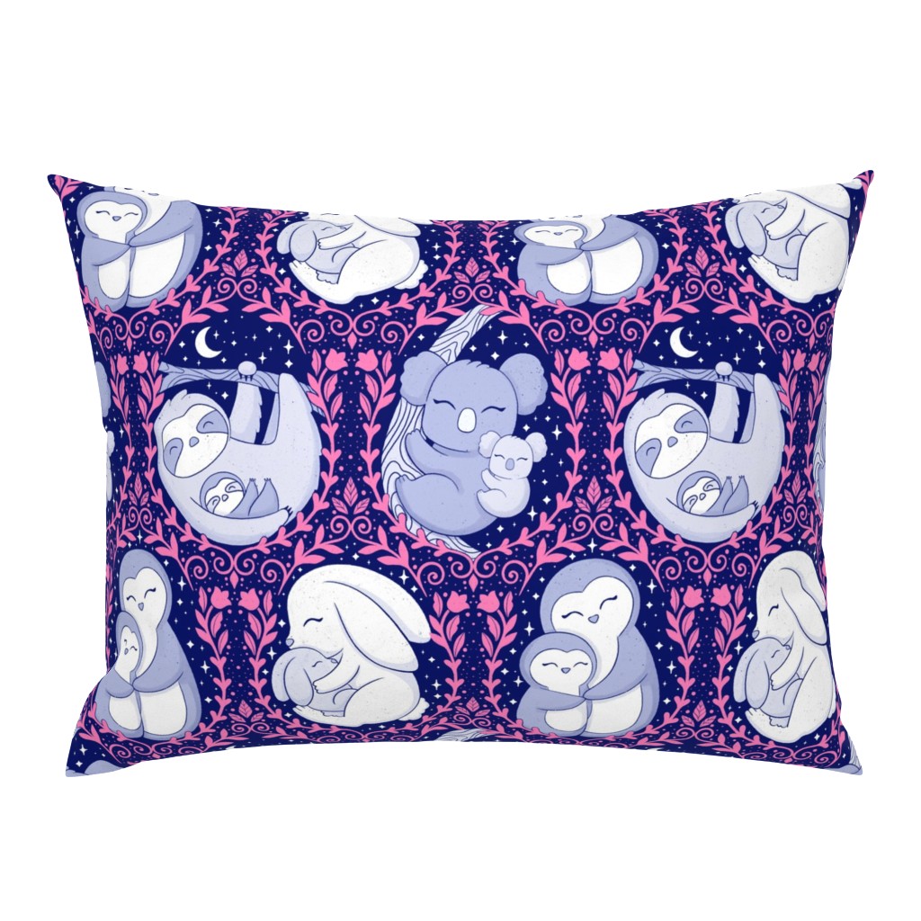  Mother’s love, Mother’s Day design  pink and dark blue - cute animals  - bunny -koala - penguin - sloth - home decor - party - floral.