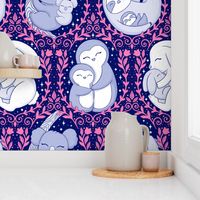  Mother’s love, Mother’s Day design  pink and dark blue - cute animals  - bunny -koala - penguin - sloth - home decor - party - floral.