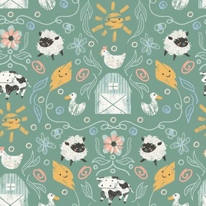 Farm Animal Country Charm Damask in Green