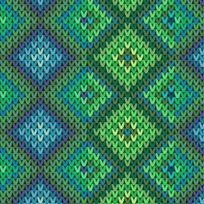 Verical Fair Isle Stripe in Sunlit Lake Greens and Blues and Medium Green