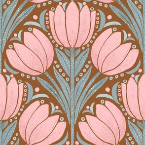 Pink Tulip Hand-Drawn in a Scallop Layout on a Sienna Brown Ground Color_Large
