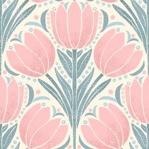 Pink Tulip Hand-Drawn in a Scallop Layout on a Cream Ground Color_Medium