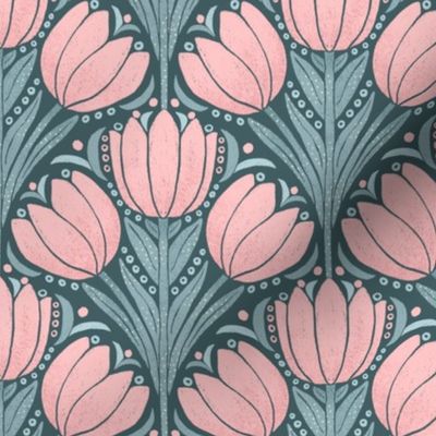 Pink Tulip Hand-Drawn in a Scallop Layout on a Dark Teal Ground Color_Medium