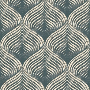 (L) Abstract blockprint Optical Art petals with 3D effect, steel blue on beige