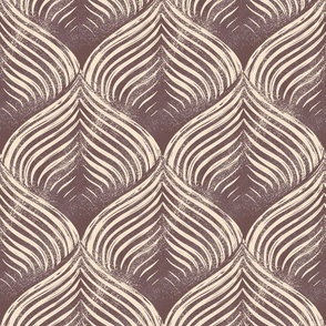 (L) Abstract blockprint Optical Art petals with 3D effect, mauve on beige
