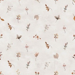 Textured plastered background with dainty watercolor flowers in off white