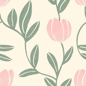 Hand-Drawn Pink Tulips with Sage Green Vines on a Cream Colored Ground Color_Large