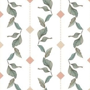 Cascading plant leaves, diamonds and dots in sage green, terracotta, burnt yellow with a white background