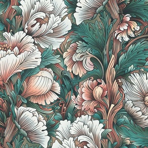 Art Nouveau Chrysanthemums - Peach and Jade - Largescale