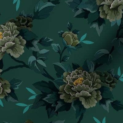 Peony Floral - Deep Green (Medium Scale)