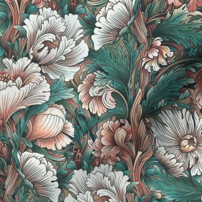 Art Nouveau Chrysanthemums - Peach and Jade - Medium scale