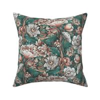 Art Nouveau Chrysanthemums - Peach and Jade - Medium scale
