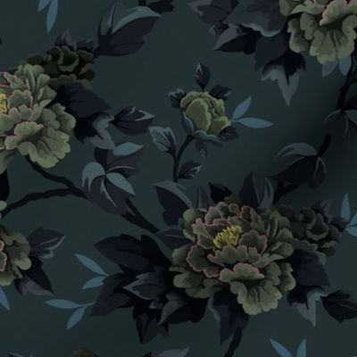 Peony Floral - Moody Deep Blue (Medium Scale)