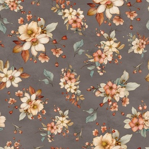 Textured plastered background with cottage flowers in muted brown
