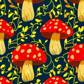 Red mushrooms with beige dots and dark background