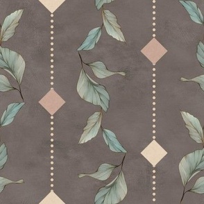 Textured plastered background with cascading plant leaves, diamonds and dots in muted brown