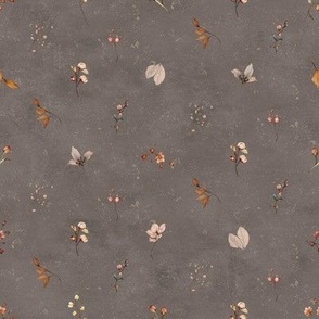 Textured plastered background with dainty watercolor flowers in muted brown