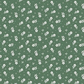 Cute little flowers Vintage Granny Chic non directional pattern for quilting and dressmaking in natural white and middle green