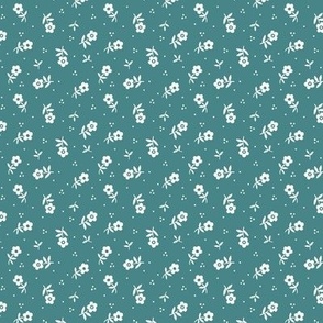 Cute little flowers Vintage Granny Chic non directional pattern for quilting and dressmaking in natural white and ocean blue