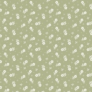 Cute little flowers Vintage Granny Chic non directional pattern for quilting and dressmaking in natural white and olive green