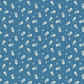 Cute little flowers Vintage Granny Chic non directional pattern for quilting and dressmaking in natural white and sea blue