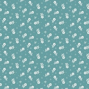 Cute little flowers Vintage Granny Chic non directional pattern for quilting and dressmaking in natural white and teal
