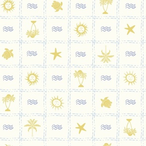 Tropical Sun Picnic Check Suns Palms Turtles Blue Mustard by Jac Slade