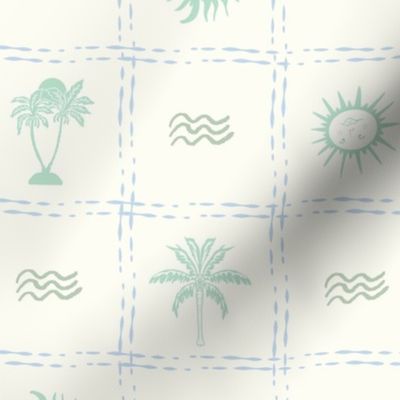 Tropical Sun Picnic Check Suns Palms Turtles Mint Blue by Jac Slade