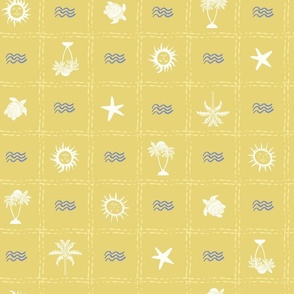 Tropical Sun Picnic Check Suns Palms Turtles Mustard by Jac Slade