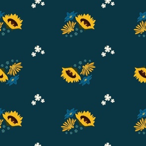 Repeat Pattern of Yellow Sunflower Clusters paired with Smaller Flowers in Blue and White