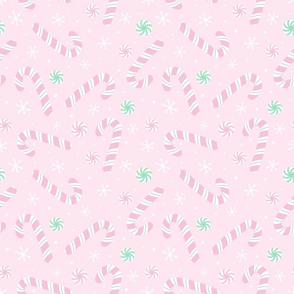 Candy Canes (pink and green), Peppermints, and Snowflakes, Candy Cane Fabric, Cute Kids Christmas, Winter Holiday Fabric