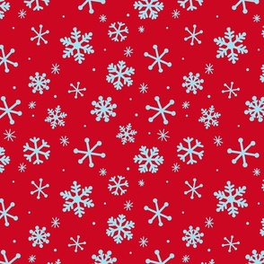 Blue Snowflakes on Red, Snowflake Fabric, Christmas Snow, Cute Christmas