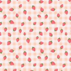 Strawberry/Strawberries on Peach Gingham Check, Summer Fruit - small scale