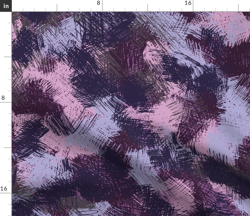 Scruffy style mid-century scribbling pattern “Scribbling is good” in pinks, purples, lilacs and dark blues 