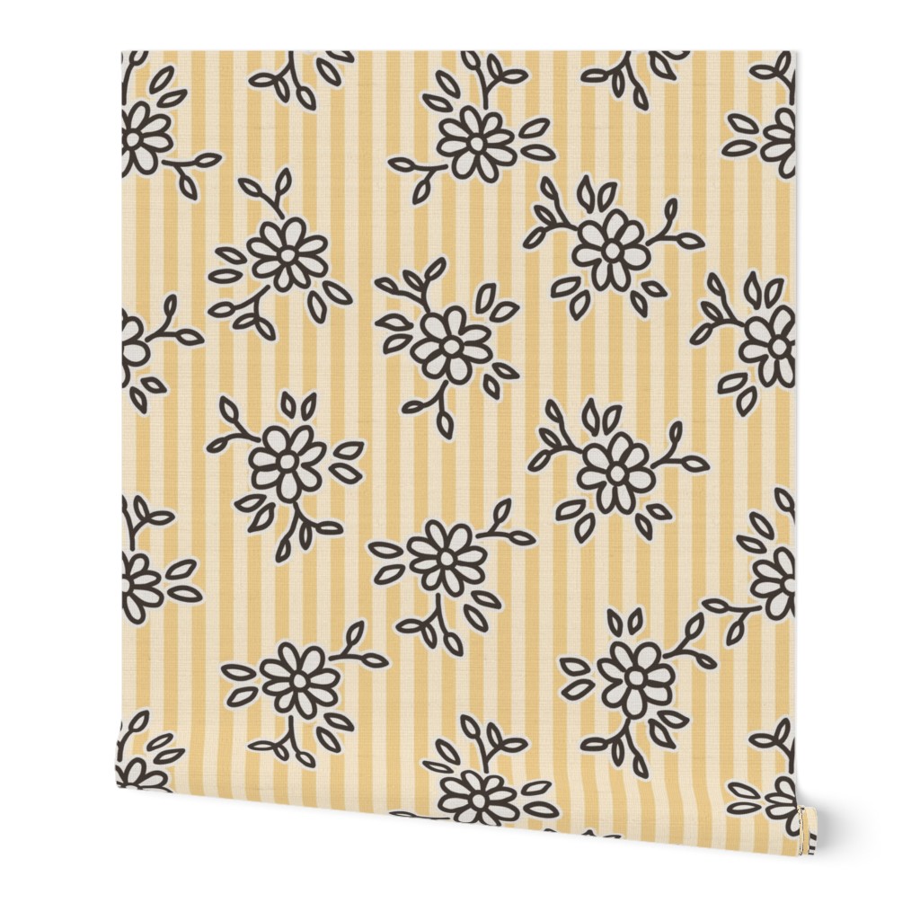 503 - Simple block print inspired tossed floral on a golden pinstripe background - large jumbo scale for wallpaper, curtains, nursery linen, cot sheets, girl dresses