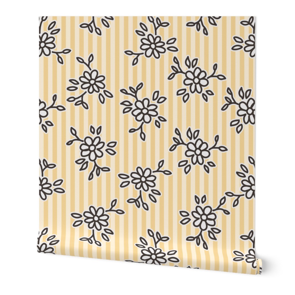 503 - Simple block print inspired tossed floral on a golden pinstripe background - large jumbo scale for wallpaper, curtains, nursery linen, cot sheets, girl dresses