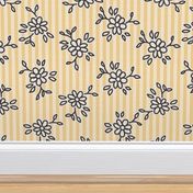 503 - Simple block print inspired tossed floral on a golden pinstripe background - large jumbo scale for wallpaper, curtains, nursery linen, cot sheets, girl dresses