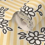 503 - Simple block print inspired tossed floral on a golden pinstripe background - large jumbo scale for wallpaper, curtains, nursery linen, cot sheets, girl dresses