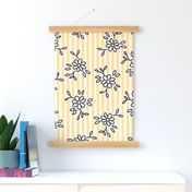 503 - Simple block print inspired tossed floral on a golden pinstripe background - large jumbo scale for wallpaper, curtains, nursery linen, cot sheets, girl dresses