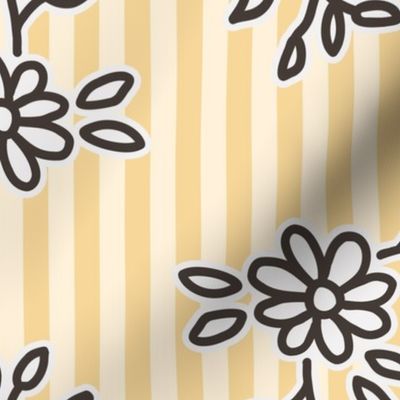 503 - Simple block print inspired tossed floral on a golden pinstripe background - large jumbo scale for wallpaper, curtains, nursery linen, cot sheets, girl dresses