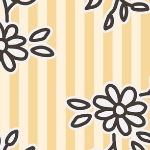 503 - Simple block print inspired tossed floral on a golden pinstripe background - large jumbo scale for wallpaper, curtains, nursery linen, cot sheets, girl dresses