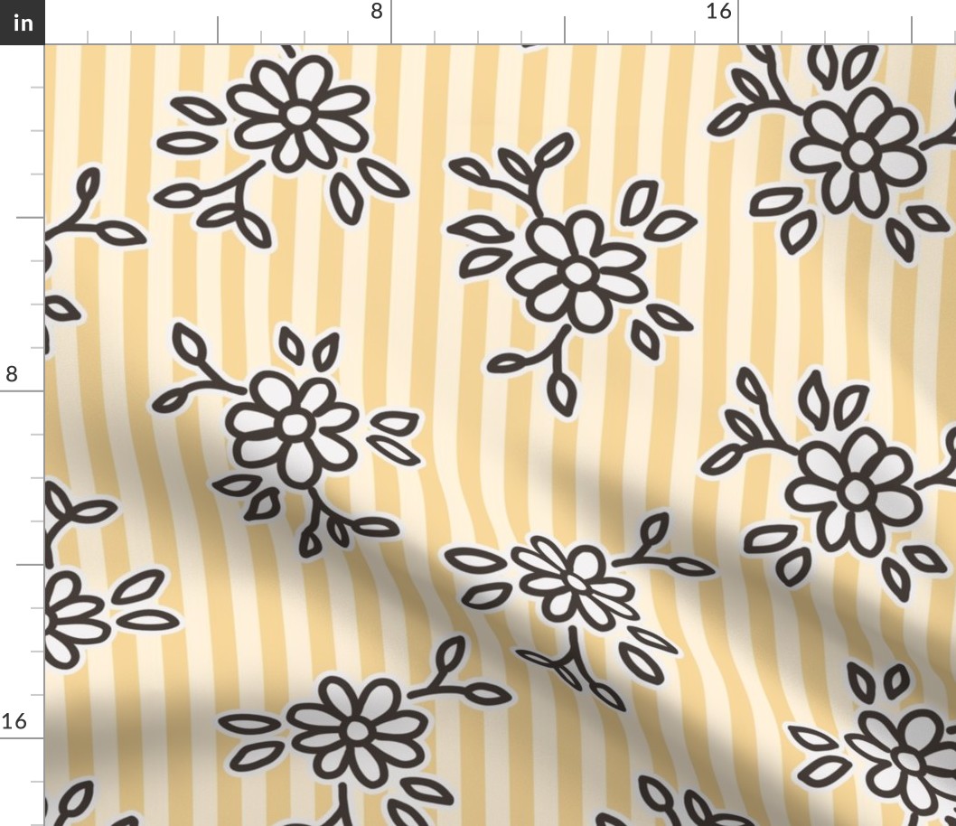 503 - Simple block print inspired tossed floral on a golden pinstripe background - large jumbo scale for wallpaper, curtains, nursery linen, cot sheets, girl dresses