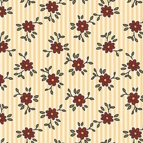 503 - Small scale Red and Green floral on golden pinstripe background - for kids apparel, dresses, tops, table linen and napkins