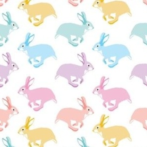 Pastel bunny running  Easter rabbit pink yellow purple 