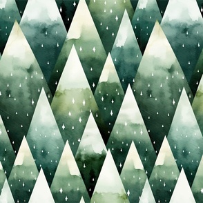 Watercolor Pattern Triangle Spruce Pine Trees and Snowflakes