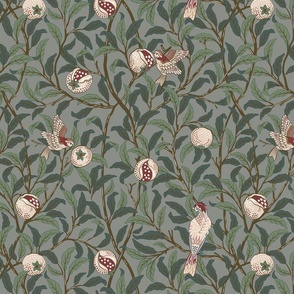BIRD AND POMEGRANATE IN MODERN VINTAGE GREIGE - WILLIAM MORRIS - small repeat