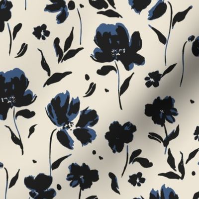 (M) Painted Wildflowers | Indigo Blue and Black | Medium Scale