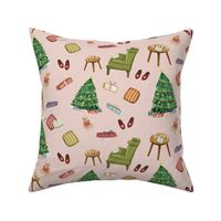 Hand-painted Christmas cozy cottage room with Christmas tree salmon pink 24 in